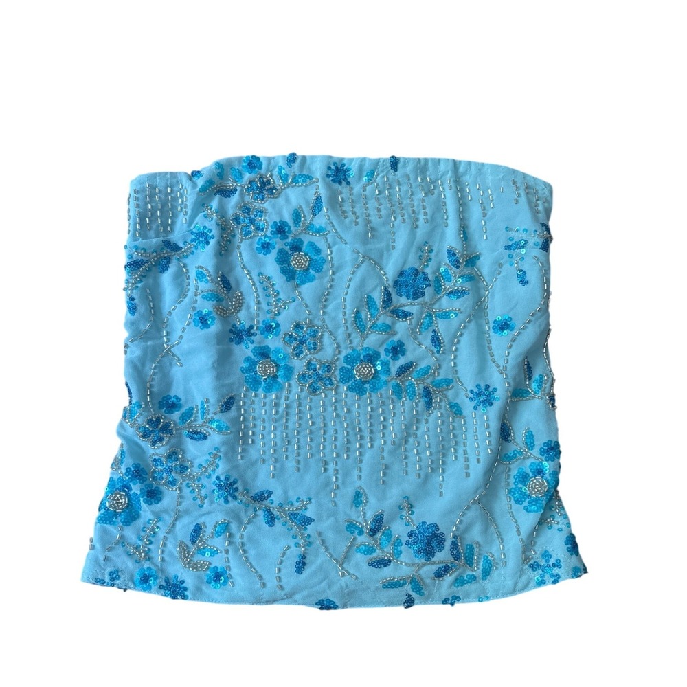 Beaded Floral Tube Top Women Blue Vintage Y2K Strapless SIZE M